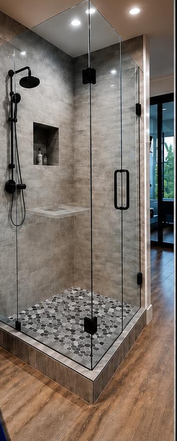 Frameless glass shower enclosure with black hardware
